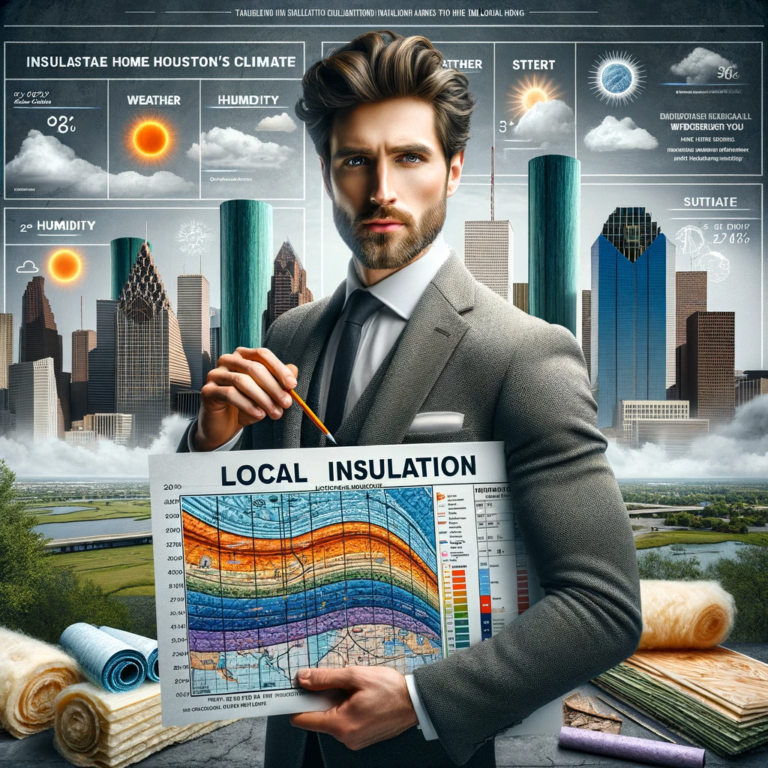 A local insulation expert of Caucasian descent stands confidently in front of a home, showcasing his expertise in Houston's climate.