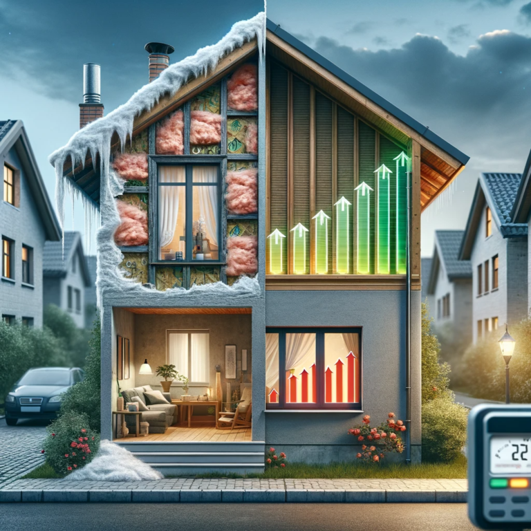 A comparison image highlighting an energy-efficient home with modern insulation on one side and a house with outdated insulation on the other, illustrating the benefits of improved insulation.