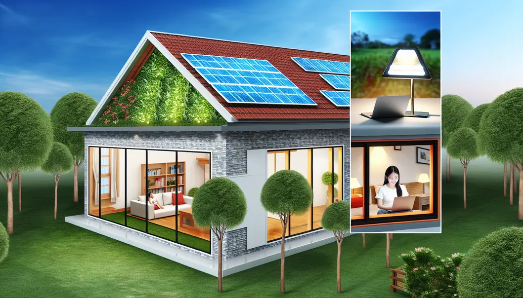 A home's exterior with solar panels and efficient windows, showcasing energy-saving features against a blue sky.
